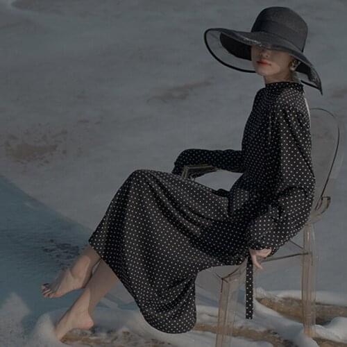 Women Contrast Color Dot Print Chiffon Dress New Lapel Long Sleeve Loose Fit Fashion Tide Spring Summer 2021 C737