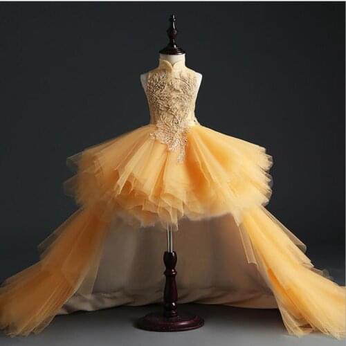 Golden Tulle Girl Lace Embroidery Christmas Birthday Party Dress Flower Wedding Gown Formal Long Trailing Girls Prom Clothes