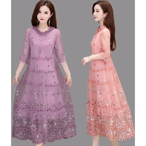4XL Plus Size Women Summer Dresses 2021 New Three Quarter Sleeve Floral Embroidery Long Lace Mesh Dress Loose Casual Vestidos