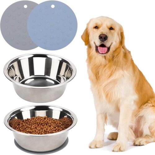 Pet Bowl Creative Stainless Steel Non-slip Dog Bowl Cat Bowl with 2 Food Mats