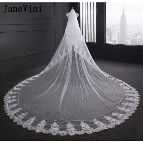 JaneVini Long Wedding Veils Two Layers Lace Appliques Edge Cathedral Veil Soft Tulle Bridal Veils with Comb Velo Novia 3metros