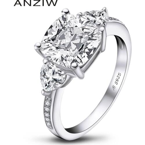 ANZIW Fashion 925 Sterling Silver 9x9mm Big Cushion Cut Engagement Ring Simulated Diamond Wedding 3.5ct Bridal Ring Jewelry