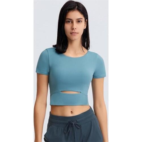 Inner Padded Soft Workout Gym Crop Tops T-shirt Women Naked Feel Running Fitness Short Sleeved Shirts Gym Workout
