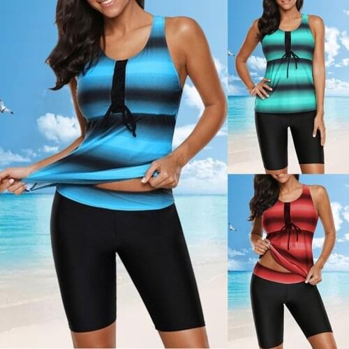 Women Striped Print Swimsuit Summer Slim Push Up Tank Conservative Swimwear Female Plus Size Bandage 2 Piece Beach Bathing Suit