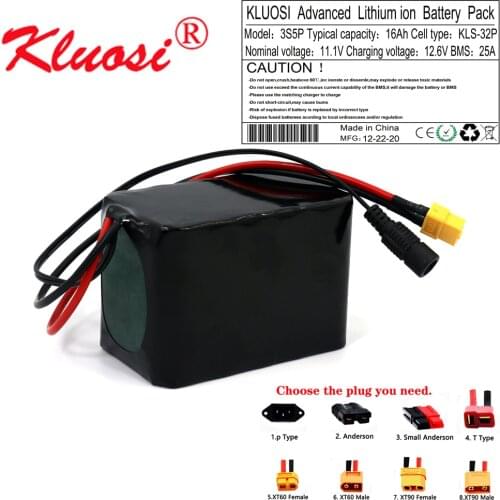 KLUOSI 3S5P 12V 16Ah 10.8V 12.6V Lithium Battery Pack with 25A BMS 250W High Capacity for Motor Scooter Solar Energy Light Etc