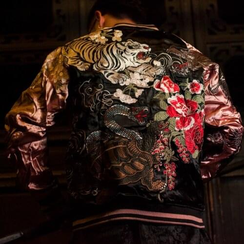 Makuluya Reversible Coats Streetwear Yokosuka Peony Flower Phoenix Dragon Tiger chrysanthemum Embroidery Baseball Jacket L6