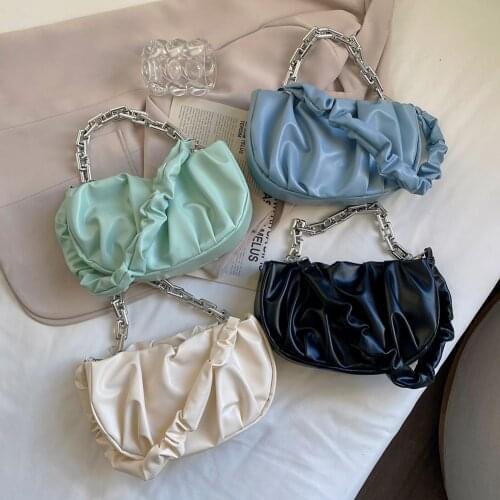 Fashion Women Pleated Thick Chain Semicircle Shape PU Leather Shoulder Underarm Bag Ladies Casual Solid Color Small Handbags