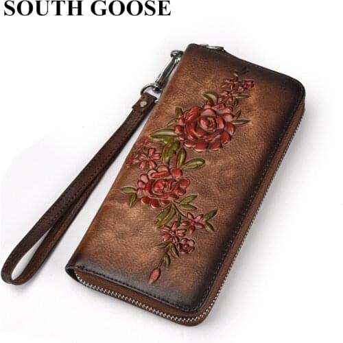 SOUTH GOOSE Fashion Women Wallet Genuine Leather Luxury Long Clutch Handy Bag Printing Floral Female Card Purse Money Clips