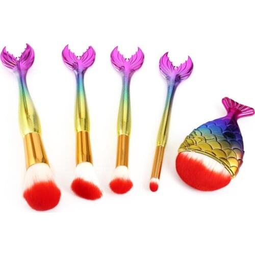 5Pcs/set Fish Tail Colorful Facial Cosmetic Makeup Brushes Kit Red Nylon Hair Foundation Powder Eyeshadow Brushes Tool DD