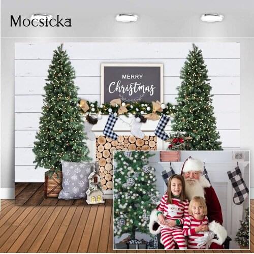 Merry Christmas Backdrop for Fireplace Photography X-mas Tree Sock Newborn Kids Birthday Portrait Background for Dessert Banner
