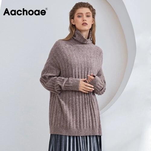 Aachoae 2020 Women Autumn Winter Turtleneck Basic Sweater Solid Loose Casual Knitted Pullover Batwing Long Sleeve Jumper Tops
