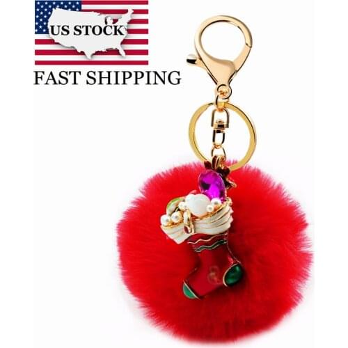 US STOCK Uloveido Red Green Crystal Christmas Socks Keychains Keyring Girl Women Car Key Chain for Girls with 8cm Fur Ball YS858