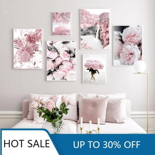 Cherry Blossoms Peony Carnation Flower Mountain Wall Art Canvas Painting Posters Prints Nordic For Living Room Aesthetic Home De