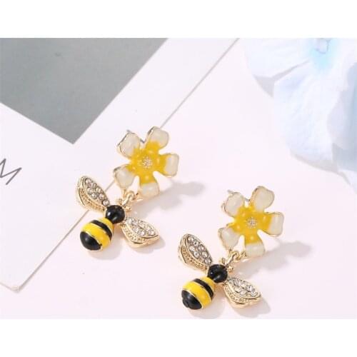 Woozu Lovely Bee Sun Flower Zircon Crystal Dropping Earrings For Women Girl Korean Style Earrings Jewelry