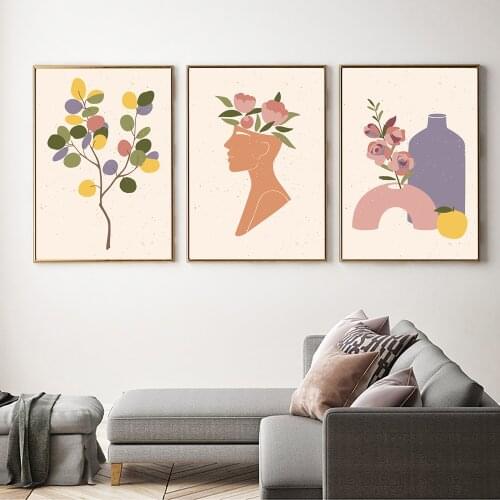 Female Line Art Prints Minimalist Canvas Painting Flower Head Wall Art Boho Poster Picture Bedroom Decor