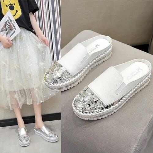 2020 Rhinestone Womens Platform Slippers Fashion Casual Shoes Women Leather White Autumn Slip on Rubber Vulcanize Shoes