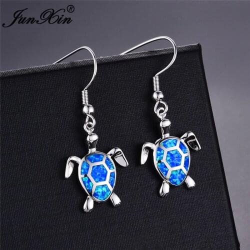 Boho Female Turtle Drop Earrings silver color Blue White Fire Opal Earrings For Women Vintage Long Dangle Earrings