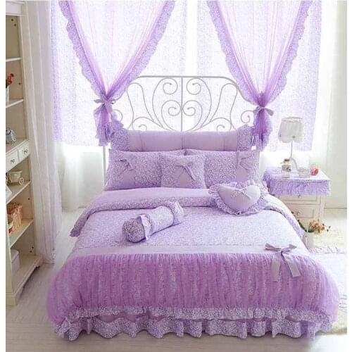 Purple Daisy Printed Lace Quilt/Duvet Cover Bed Skirt Pillowcases 100% Cotton Princess Bedspread Bedding Set Home Textile