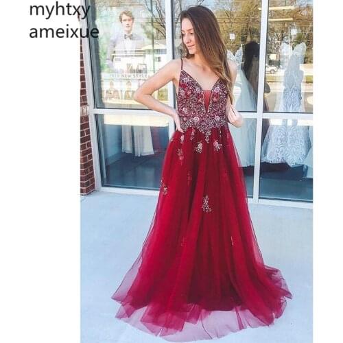 2019 New Elegant Sexy Red Gown Evening Dresse A-line Prom Floor Length Spaghetti Straps Beading Custom Made Red Dress Party
