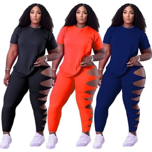 ZKYZWX S-4XL Plus Size Two Piece Club Outfits Short Sleeve T Shirt Top Hollow Pants Summer Clothes for Women Party Matching Sets
