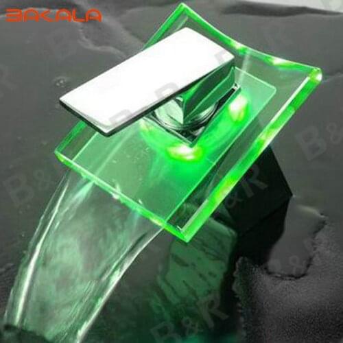 BAKALA Free Shipping Wholesale And Retail 3 LED Color Changing Glass Waterfall Spout Bathroom Basin Faucet Vanity Mixer LH-8061