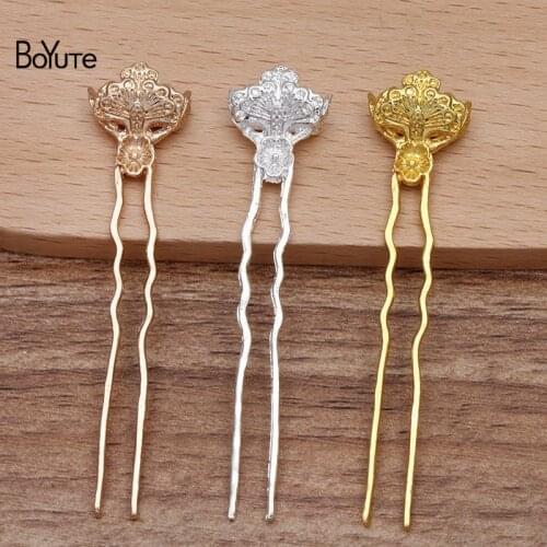 BoYuTe Wholesale (50 Pieces/Lot) 14.5*64MM Metal Alloy Flower Hair Sticks Vintage Diy Hand Made Jewelry Materials