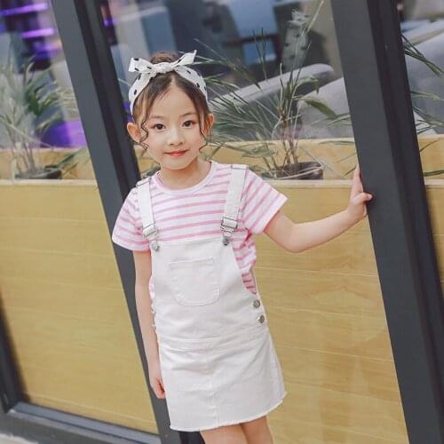 2017 spring and summer Korean childrens children braces Skirt Suit Girls striped T-shirt jeans suspenders skirt1526223244