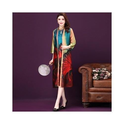 Two Sets Artistic Retro Women Button Silk Printed Dress Cardigan Loose Plus Size Ladies Dresses Vestido 5xl 6xl Middle Aged Mum