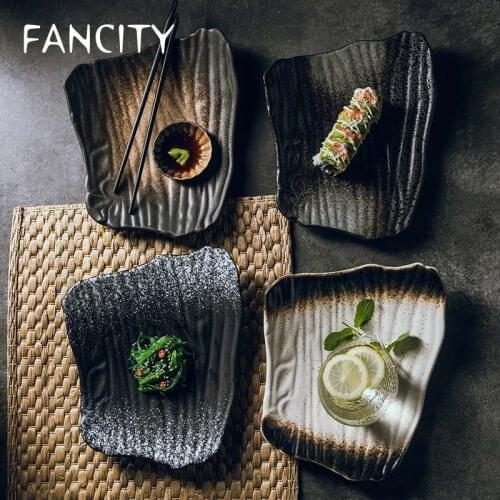 FANCITY 1PCS 10-inch creative ceramic sushi plate Japanese-style irregular flat plate Black breakfast plate Home-cooked dish sn