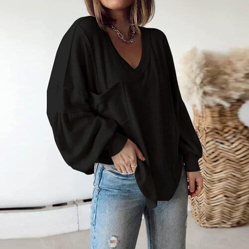 Women Casual Solid Oversized T Shirt V Neck Long Sleeve T Shirts Pullover Oversize Black Tops Femme Vintage Clothes Camisetas
