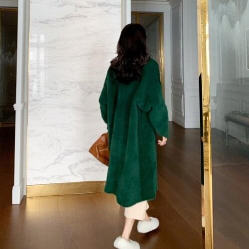 JuneLove Women Winter Solid faux fur Coat Vintage Lady Thick Outwear Winter warm Long Coat Female Elegant Green Thick Overcoat