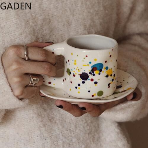 Nordic Ceramic Mug Color Spray Coffee Cup and Saucer Household 280ml Breakfast Cup Drinking Utensils Kitchen Bar Supplies