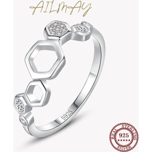 Ailmay Genuine 925 Sterling Silver Geometric Honeycomb Finger Ring Sparkling CZ Rings Clear Fine Female Fashion Jewelry