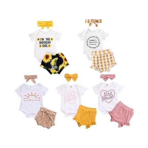 3Pcs Newborn Baby Girls Lovely Clothes Sets Floral Print Romper Top+Shorts Headband Outfit For Cute Baby 0-24M Summer