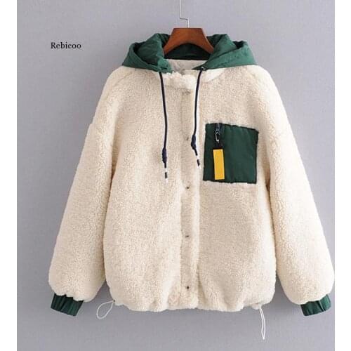 Stylish Chic Patchwork Fleece Jackets Women Fashion Winter Thick Hooded Lambswool Coats Casual Girls Long Sleeve Outerwear