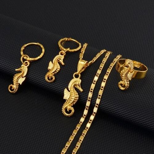 Anniyo Seahorse Pendant Necklaces Earrings Ring Gold Color Jewelry Sets Charm Animal Hippocampus Hawaiian Accessories #245306