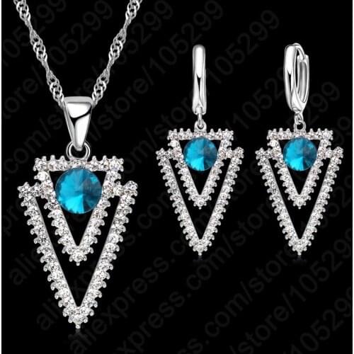 Pure 925 Sterling Silver CZ Crystal Triangle Geometry Ocean Blue Pendant Necklace Woman Wedding Jewelry Gift Set