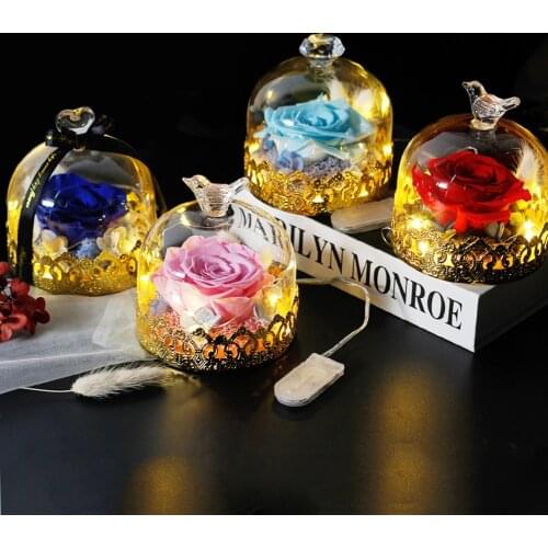 Personalized metal carved beasts and beautiful roses, real red roses with LED lights in the glass dome, forever Monroe roses