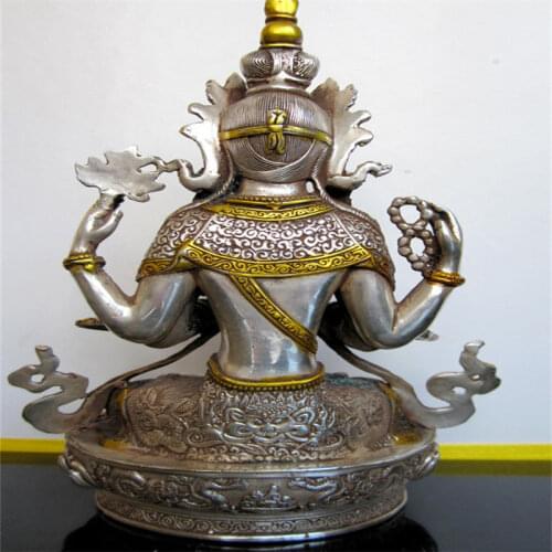 Avalokiteshvara four arm statue of Guanyin Buddha silver plating copper statue A Buddhism Guan yin Kwan-yin figurine 21cm 1 ord