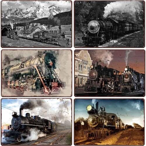 Retro Steam Train Tin Sign Train Station Metal Poster Living Room Bar Garage Wall Decorative Painting Plaque Deco