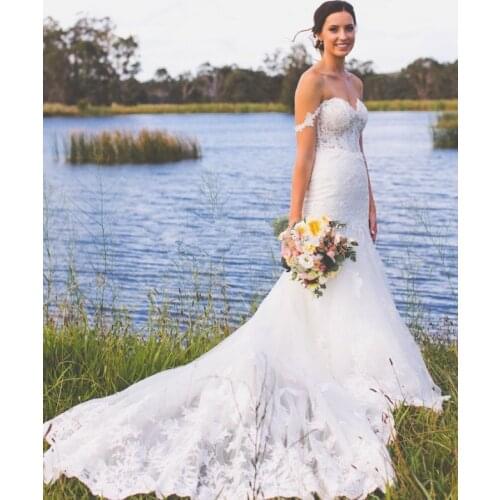 Luxury Mermaid Wedding Dresses 2020 Beaded Lace Applique Sweetheart Off the Shoulder Bridal Gowns long Train Vestidos Noiva