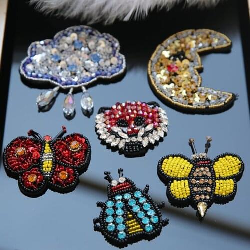 Handmade 3D animals rhinestone beaded Patches for clothing Butterfly fox cloudy embroidered appliques leopard parches floral