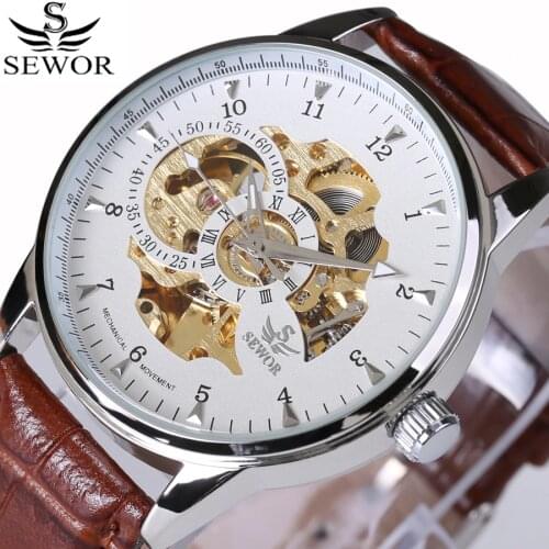 SEWOR Luxury Brand Hollow Out Mens Watch Skeleton Automatic Mechanical Watches Brown Leather Silver Dial Men Wriswatches 2017