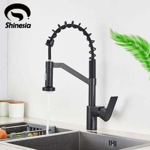 Shinesia Matte Black Kitchen Faucet Pull Out 2 Function Spout Hot and Cold Water Deck Mounted Mixer Tap for Sink