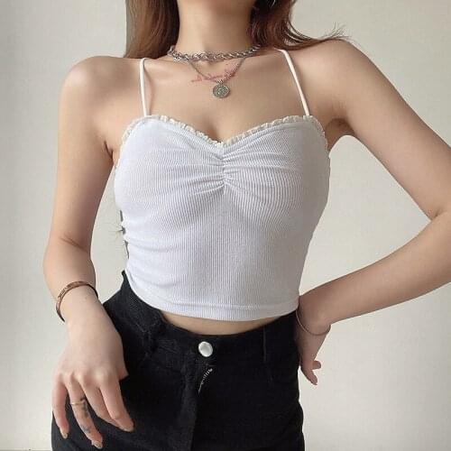 Streetwear lace patchwork summer white vest ladies home Y2K fashion casual wear basic casual nine-point top