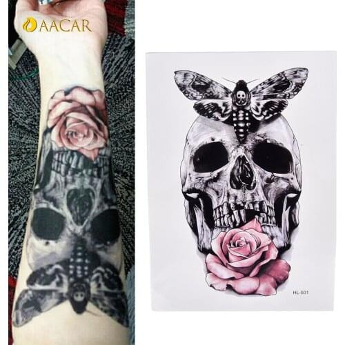 Waterproof Skull With Moth And Flower Cool Beauty Tattoo 21*15cm 1Pc Temporary Tattoo Stickers body art tattoo