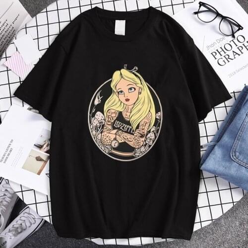 Alice In Wonderland T Shirt Women Cotton Tops Black Alice Men T Shirt Princess Print Casual Short Sleeve 90s Cute T-shirt Femme