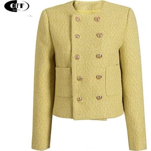 Women Yellow Tweed Jacket Coat Traf O-neck Double Breasted Ladies Long Sleeve Elegant Short Coats Women Outwear Veste Femme Chic