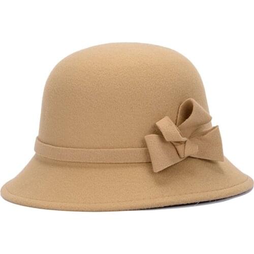 Women Vintage Faux Wool Autumn Bow Solid Color Lady Wide Brim Bucket Hat Cap