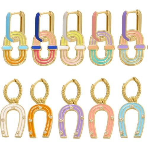 Pair Rectangle Hoop Dangle Earrings for Women Rainbow Oval Charm Enamel Gold Colorful Geometric Fashion Party Bohemia Trendy